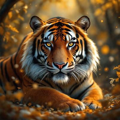 Primary subject: A tiger with yellow eyes and a white stripe on its face.

Setting/background: The tiger is laying down in a forest with yellow leaves on the ground.

Visual style: The image is a digital artwork.

Colors and mood: The tiger has yellow eyes, and the overall atmosphere is warm and natural.